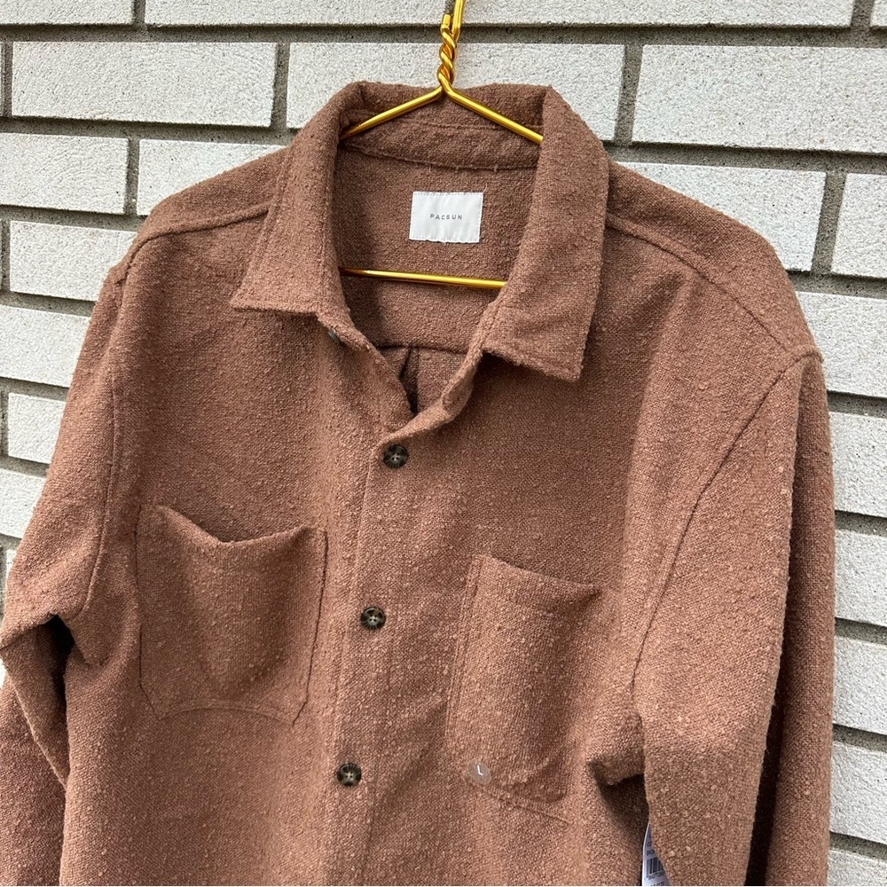 NWT PacSun Brown Oversized Wooly Shacket Textured Button Front Chest Pockets L - Picture 4 of 13